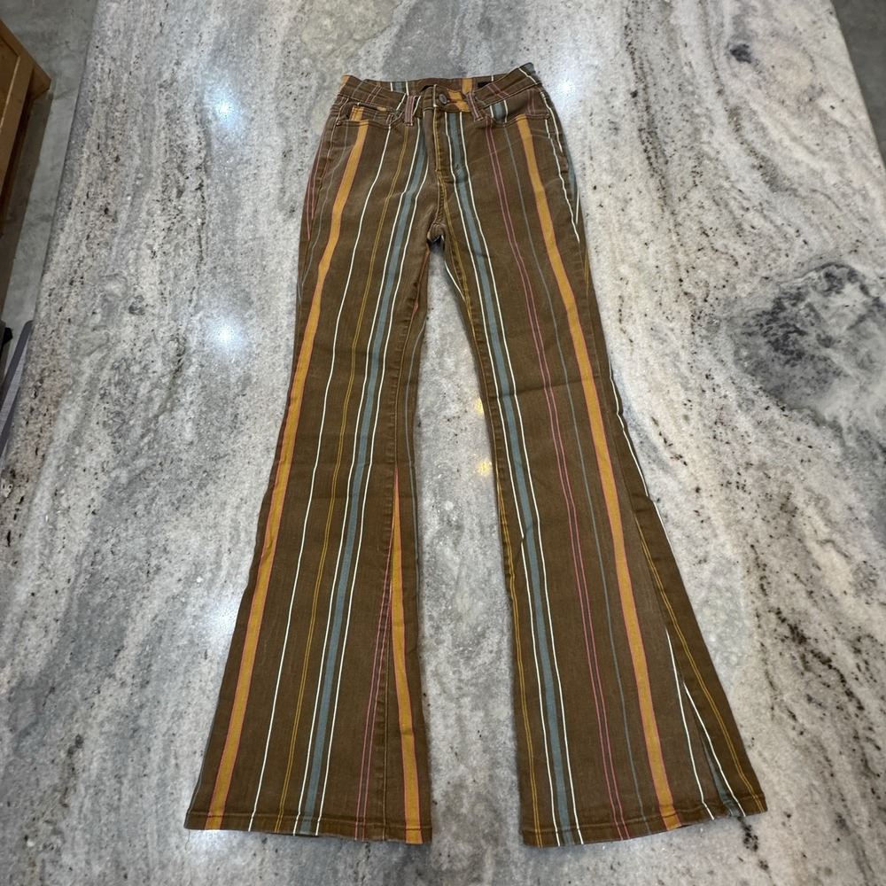Judy Blue Striped Brown Retro Flare Jeans High Rise 26x32 Size 3 Boho Western